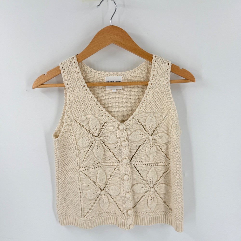 Willow & Wind Button Front Knit Vest Cream Small Boho Floral Pointelle Crochet